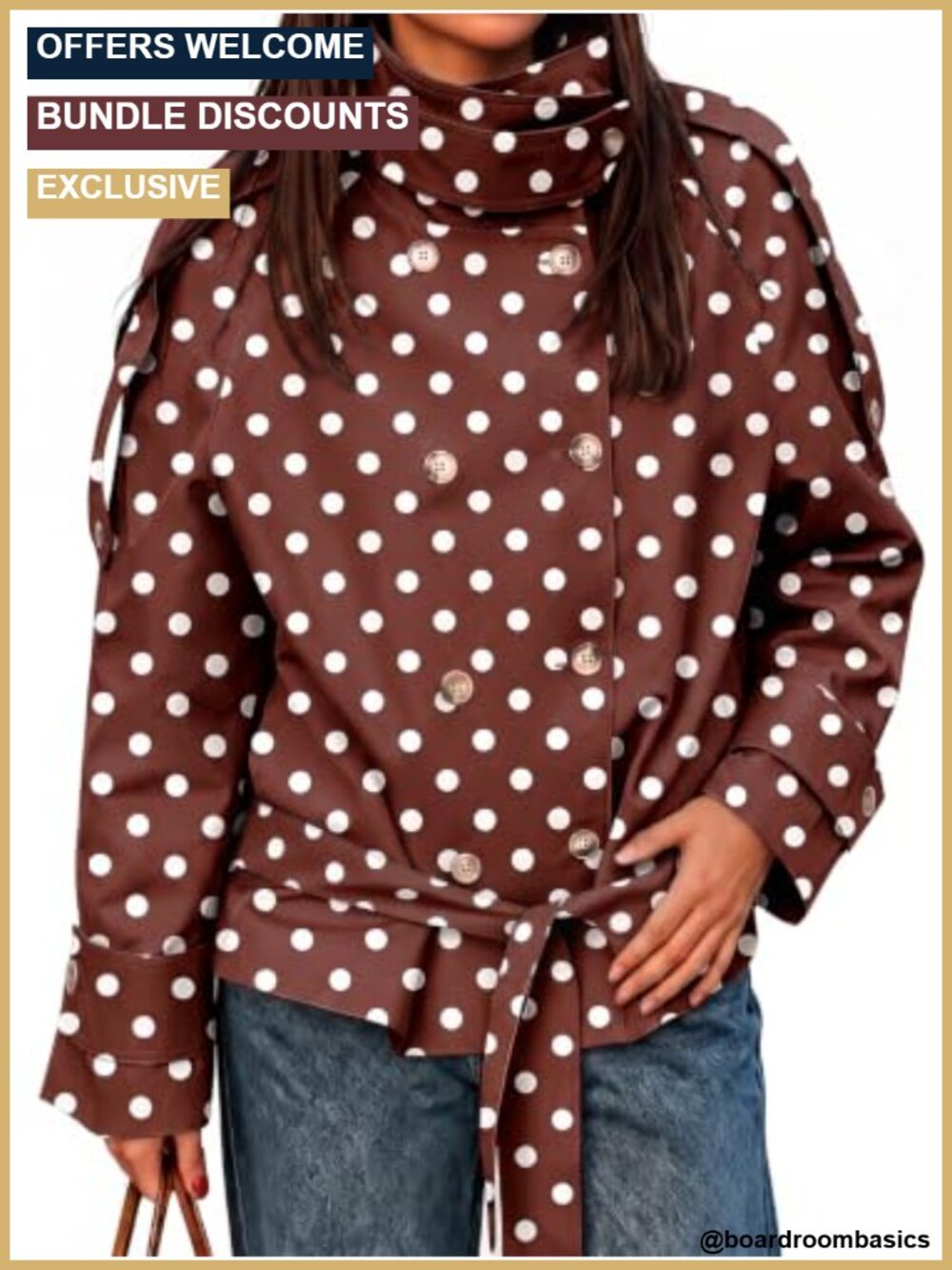 Cicy Bell Women's Cropped Double-Breasted Trench Coat with Tie Waist Polka Dot
